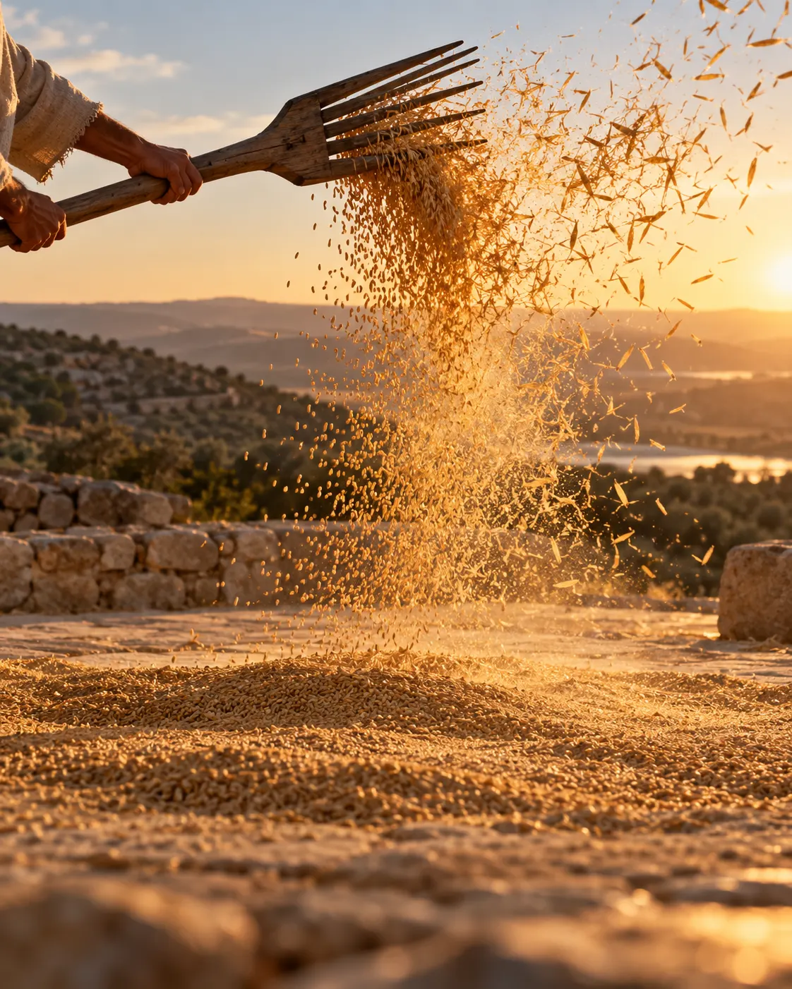 Grain tossed into the wind on a threshing floor, the chaff blowing away.