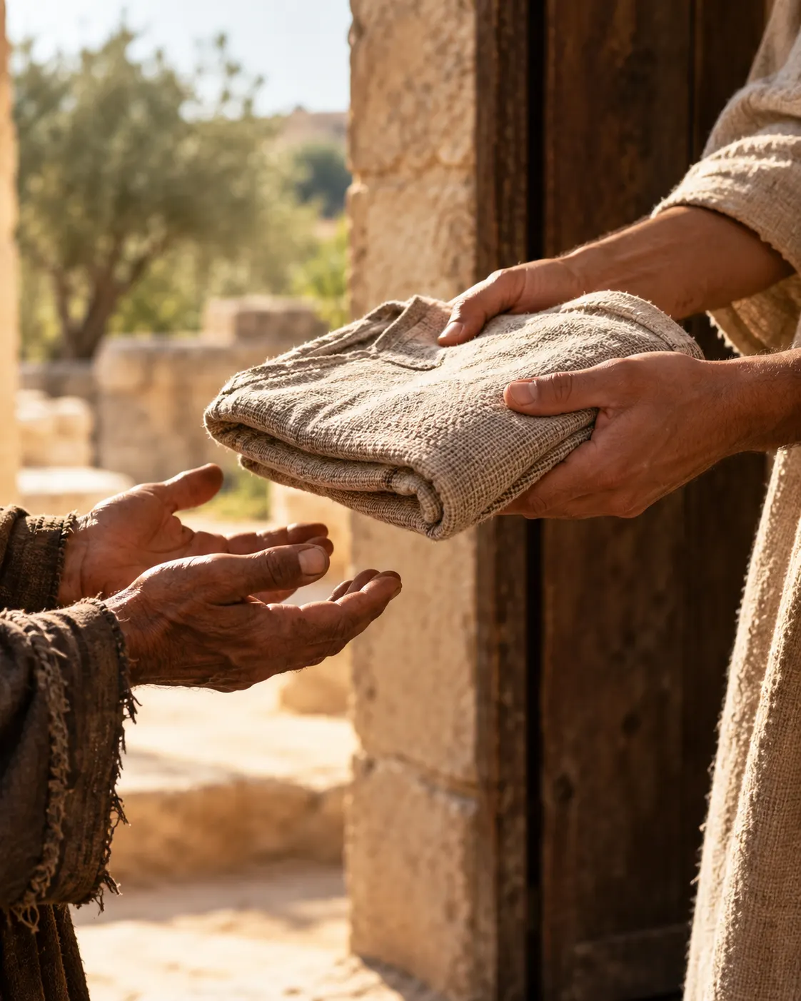One pair of hands giving a folded tunic to another.