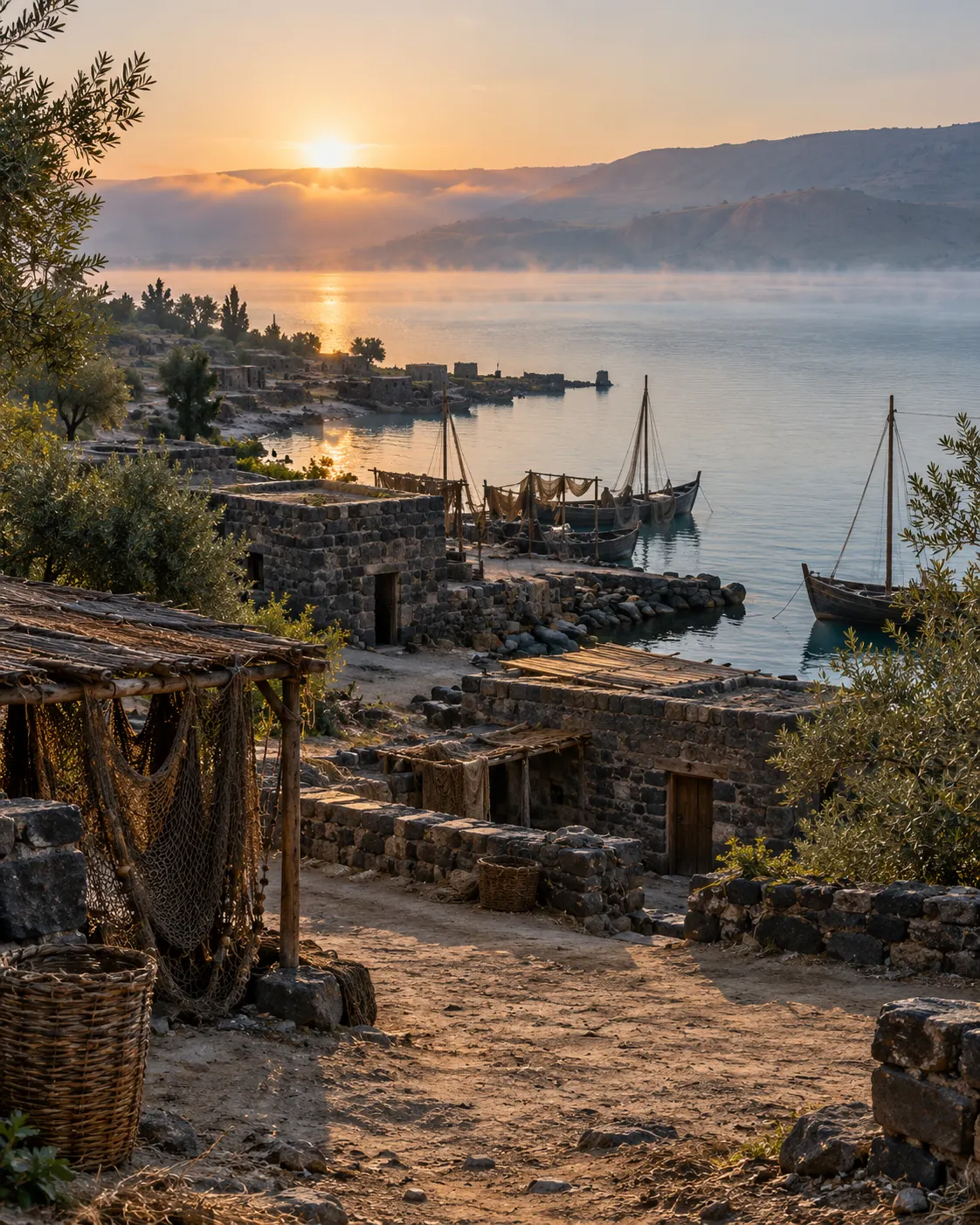 Dark basalt stone houses on the shore of the Sea of Galilee in early light.