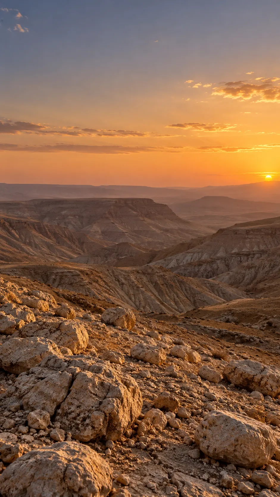 Round stones scattered across bare wilderness hills at dusk.