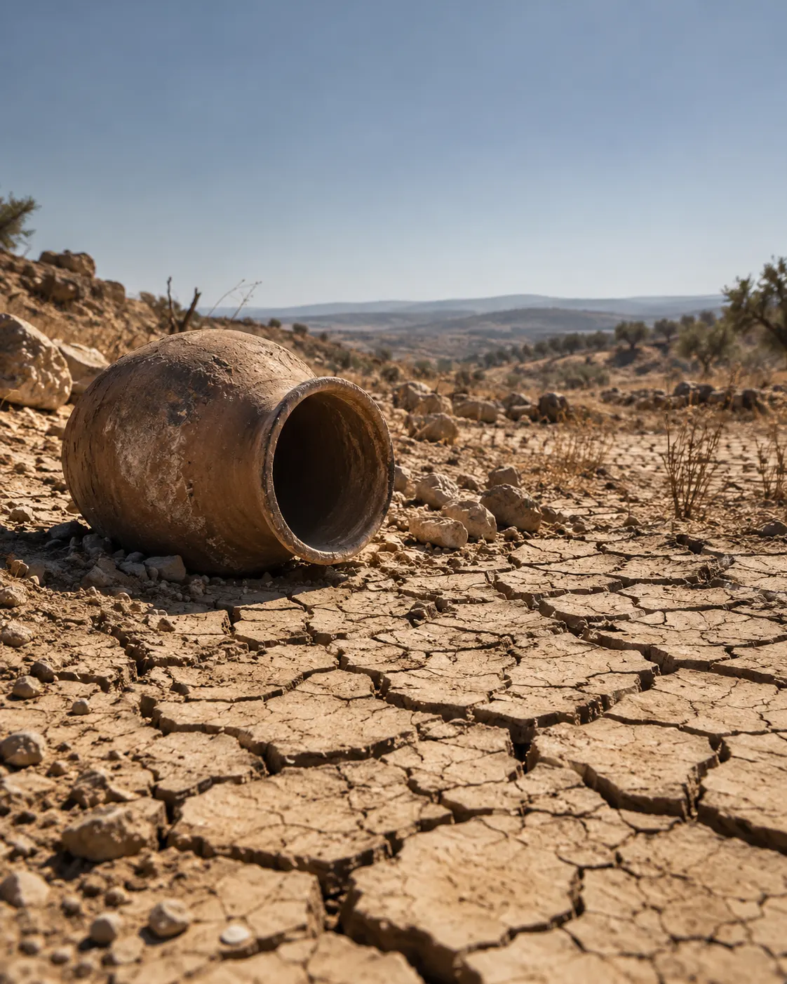 An empty clay jar lying on deeply cracked, dry earth under a hard sky.