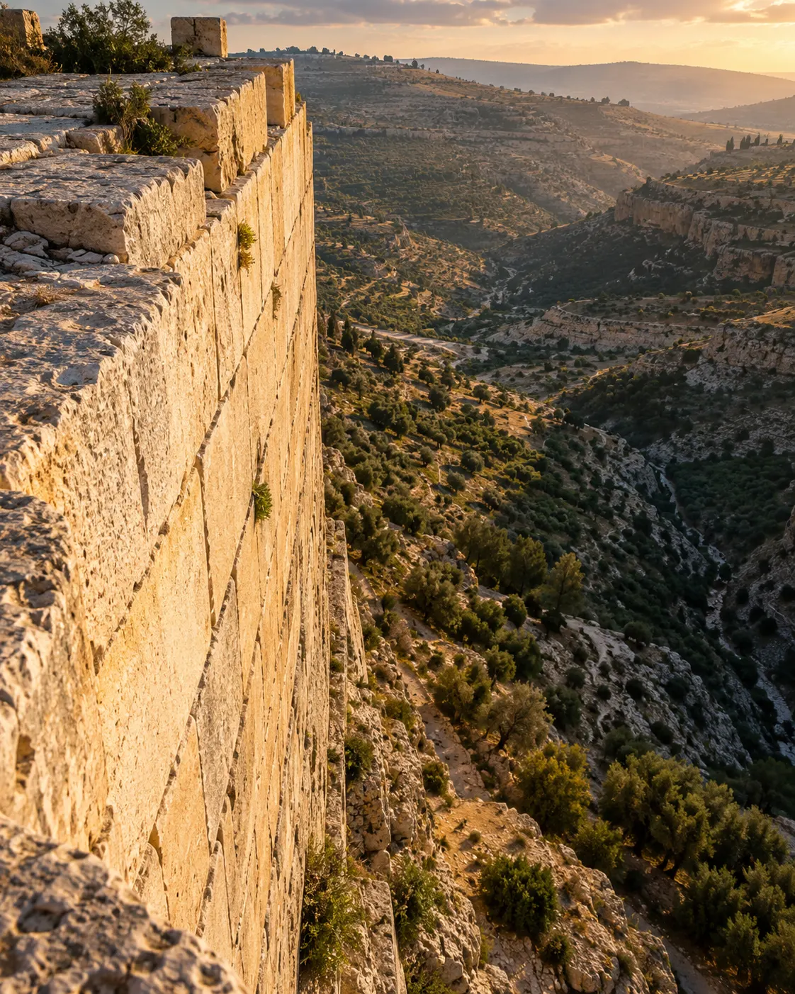 Looking straight down from the top corner of a towering stone wall into a deep valley.