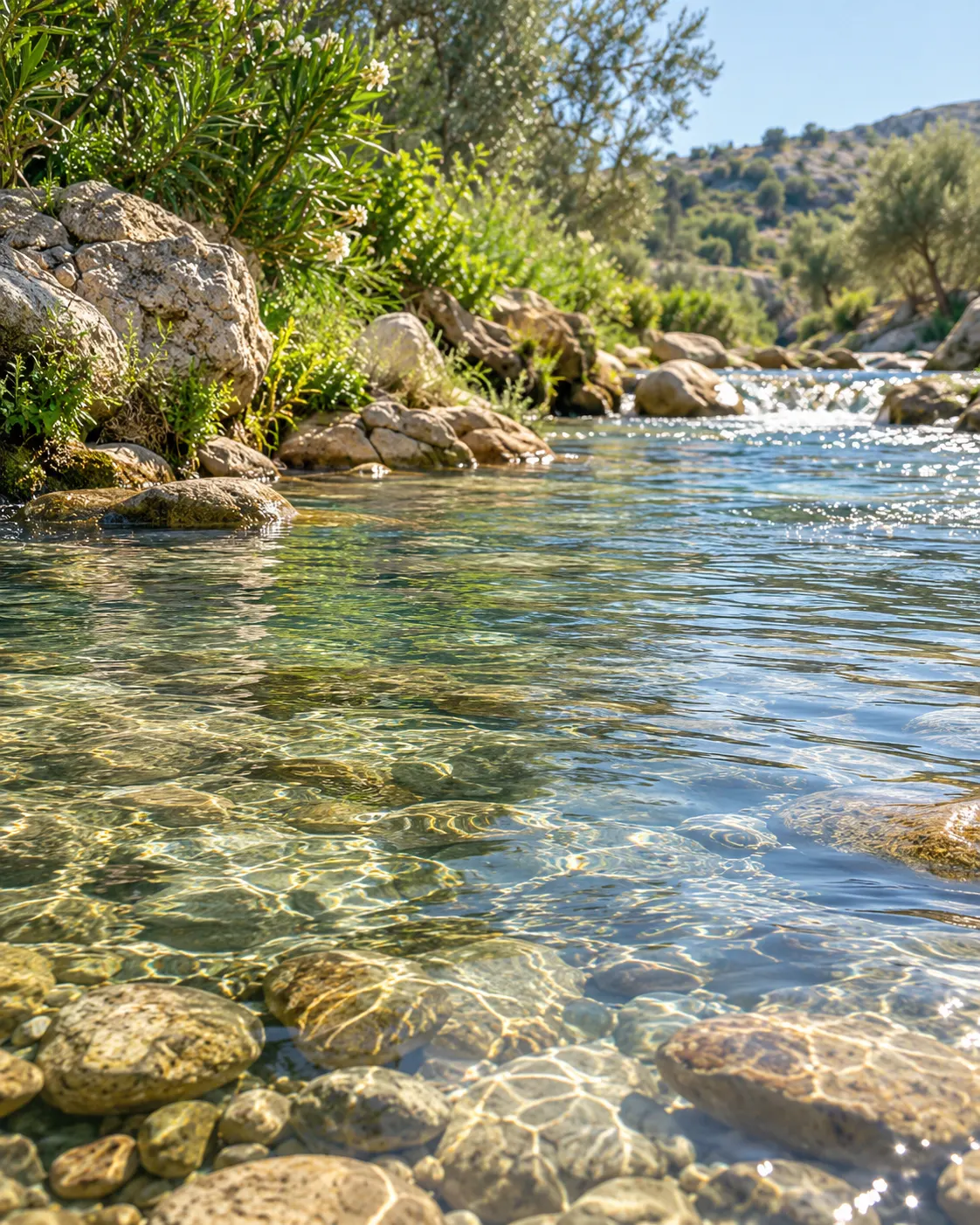 Clear river water rushing over smooth stones in morning light.