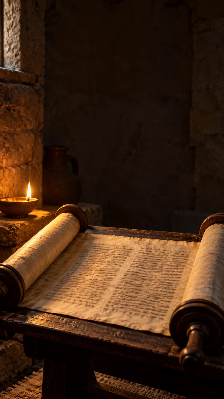 An ancient scroll lying partly unrolled on a wooden stand in warm lamplight.