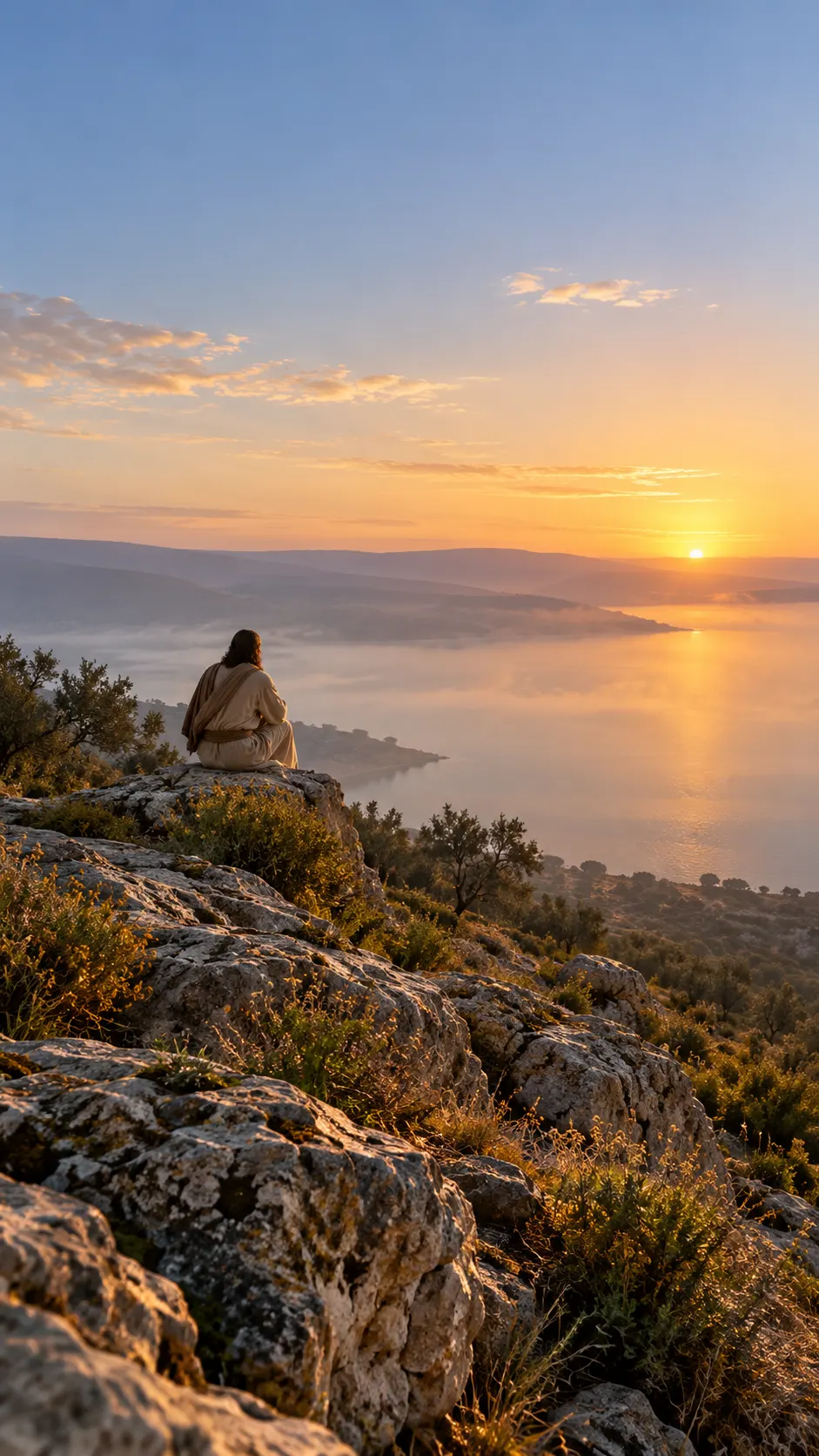 Daybreak over the Sea of Galilee, with a lone figure seated on a hillside far away.