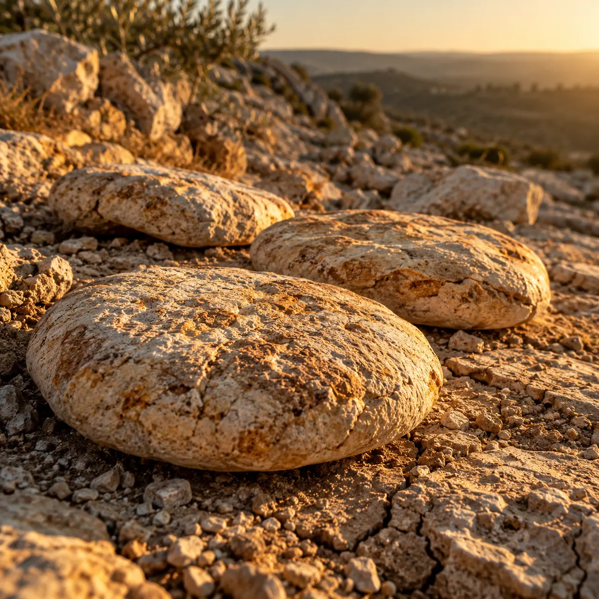Round, pale limestone stones on dry ground, shaped almost like loaves of bread.