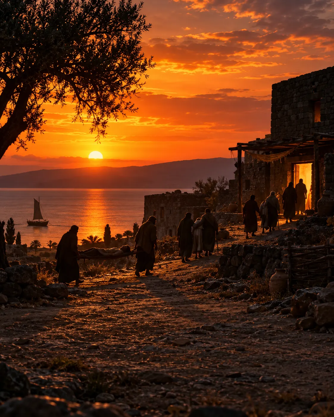 At sunset, people carry the sick on mats toward a lamplit doorway in a lakeside town.