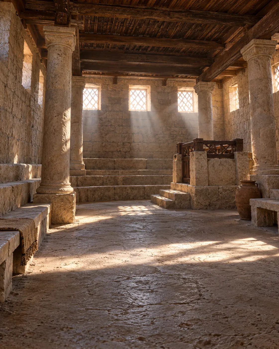 An empty first-century stone synagogue with stepped benches and columns, lit by shafts of light.