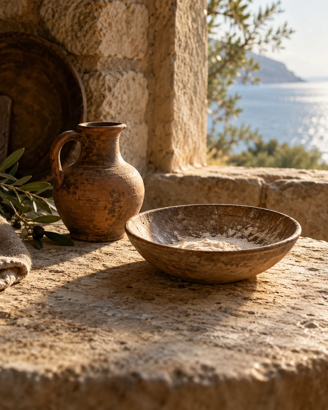 A small clay jar of olive oil and a bowl with a little flour on a stone table by a window.