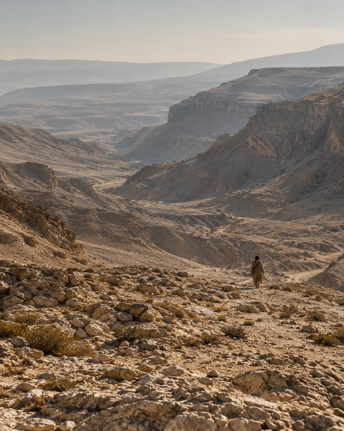 A lone figure walking far off into an endless, barren wilderness.