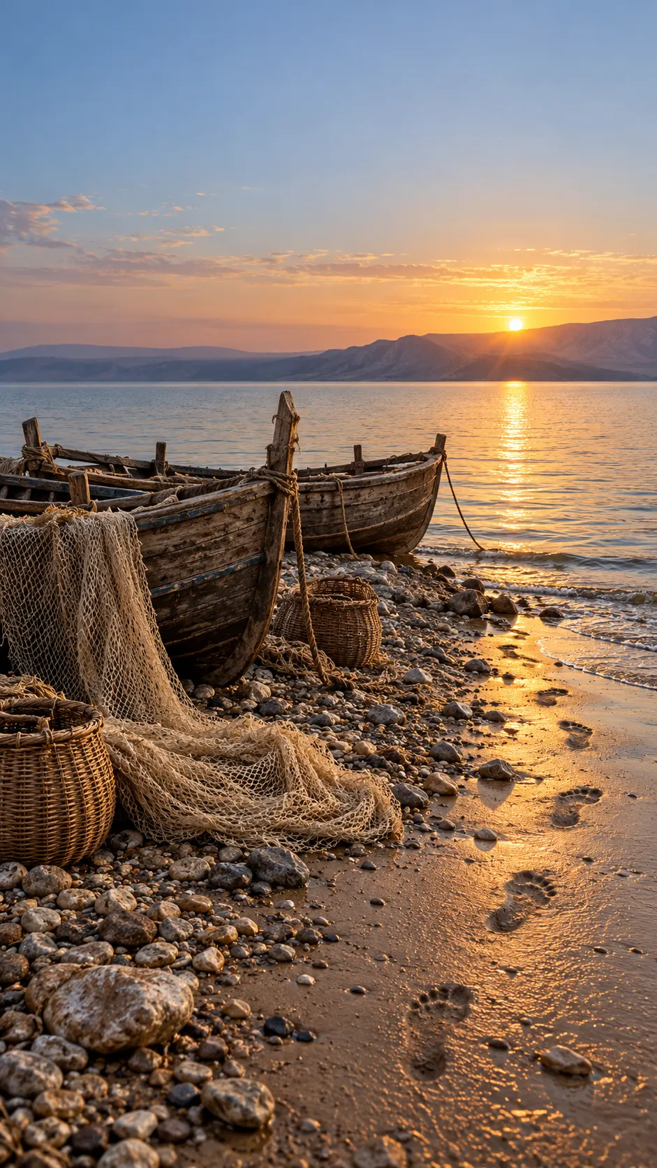 Boats pulled up on an empty shore, nets left behind, footprints leading away.
