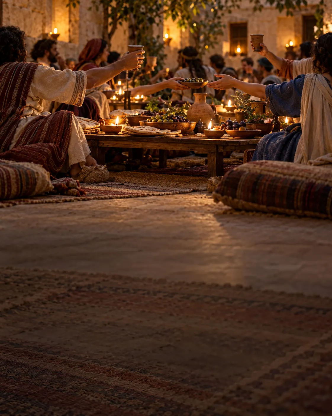 A crowded, lamplit courtyard banquet, with hands reaching for bread and cups raised.