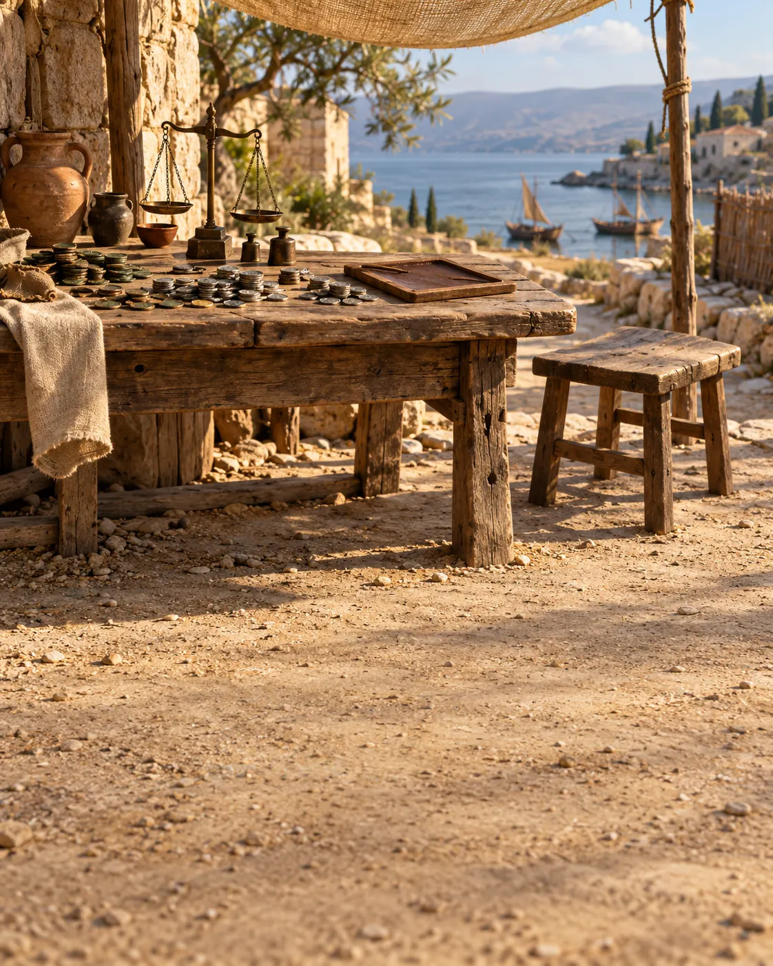 A tax collector’s table by a road, with coins, a balance scale and an empty stool.