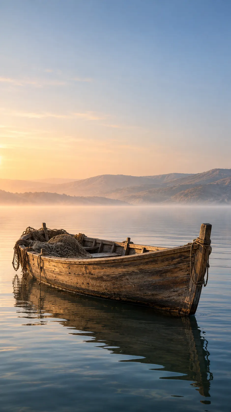 A wooden fishing boat on a still lake at first light, with empty nets.