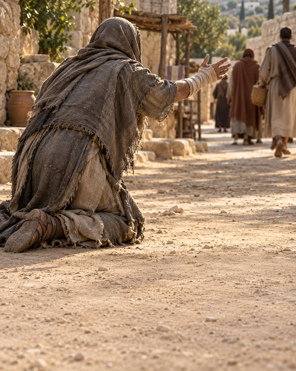 A man wrapped in rags kneels in the dust, one hand reaching out.