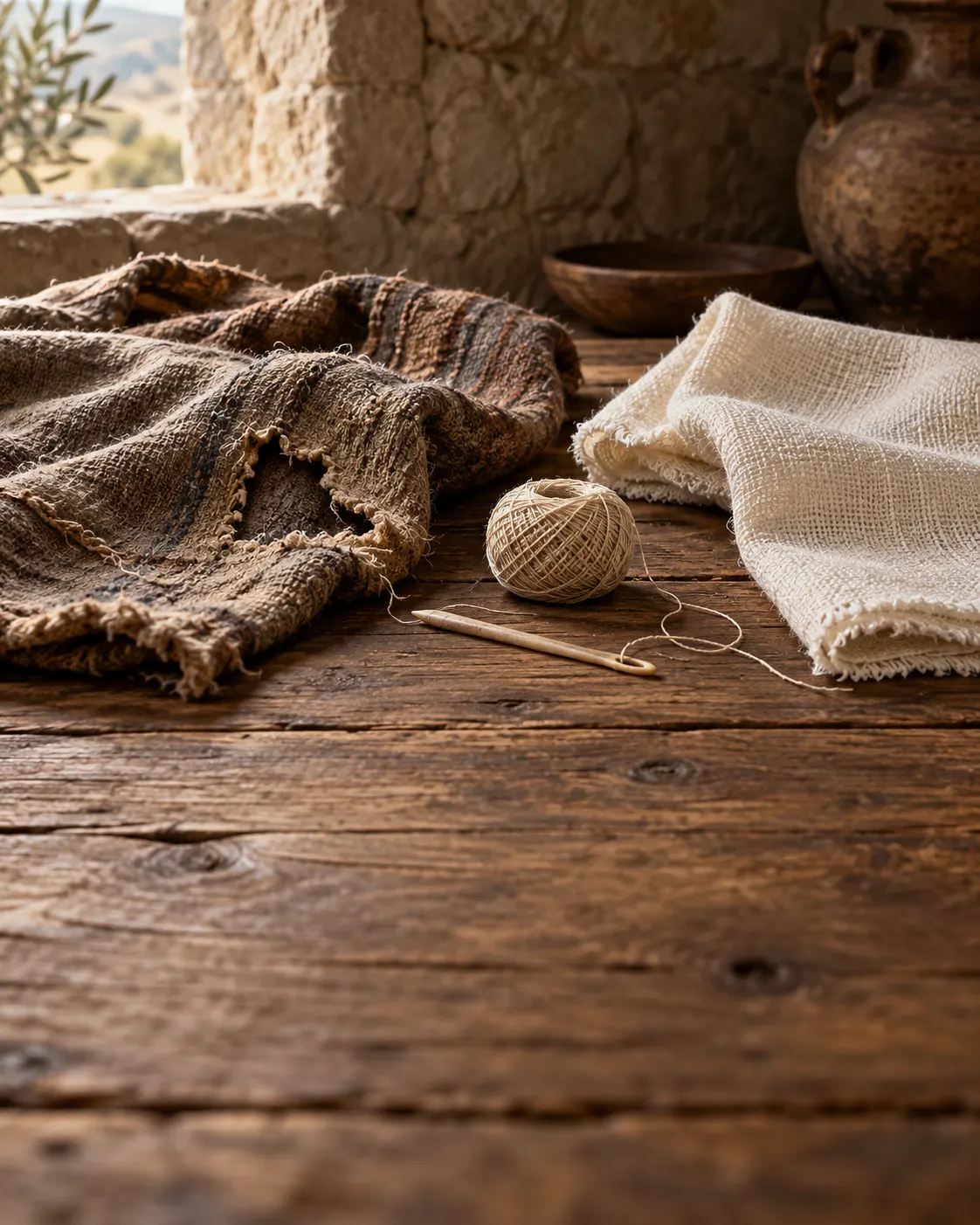 An old, worn wool garment with a torn hole and a bright new patch beside it.