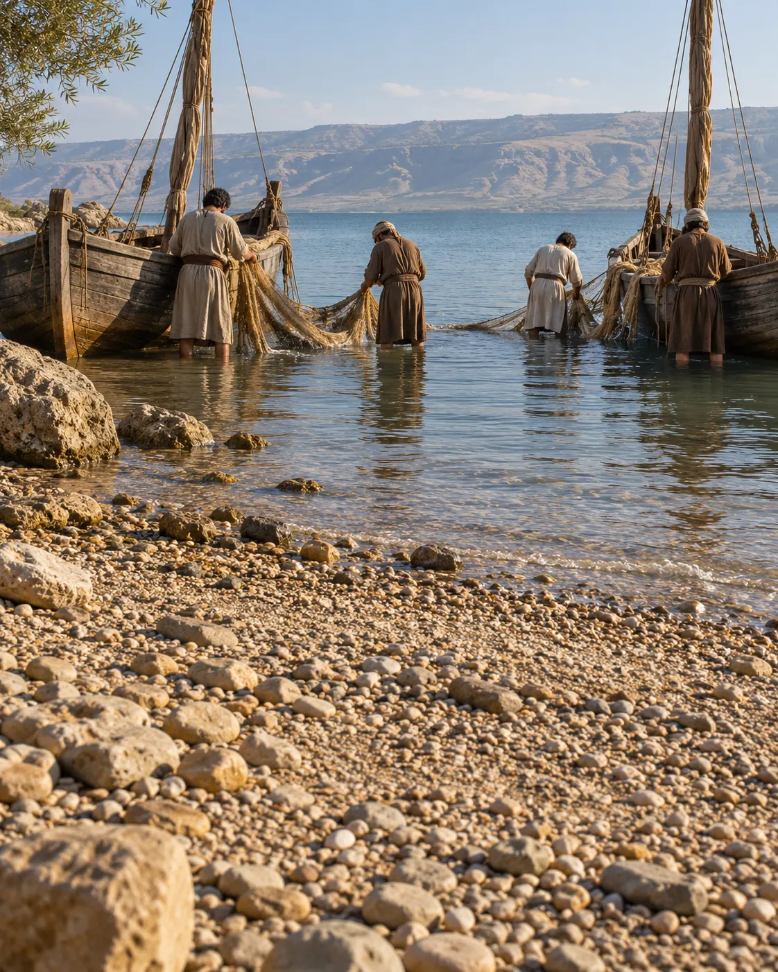 Two wooden fishing boats pulled up at the lake’s edge while fishermen wash their nets.