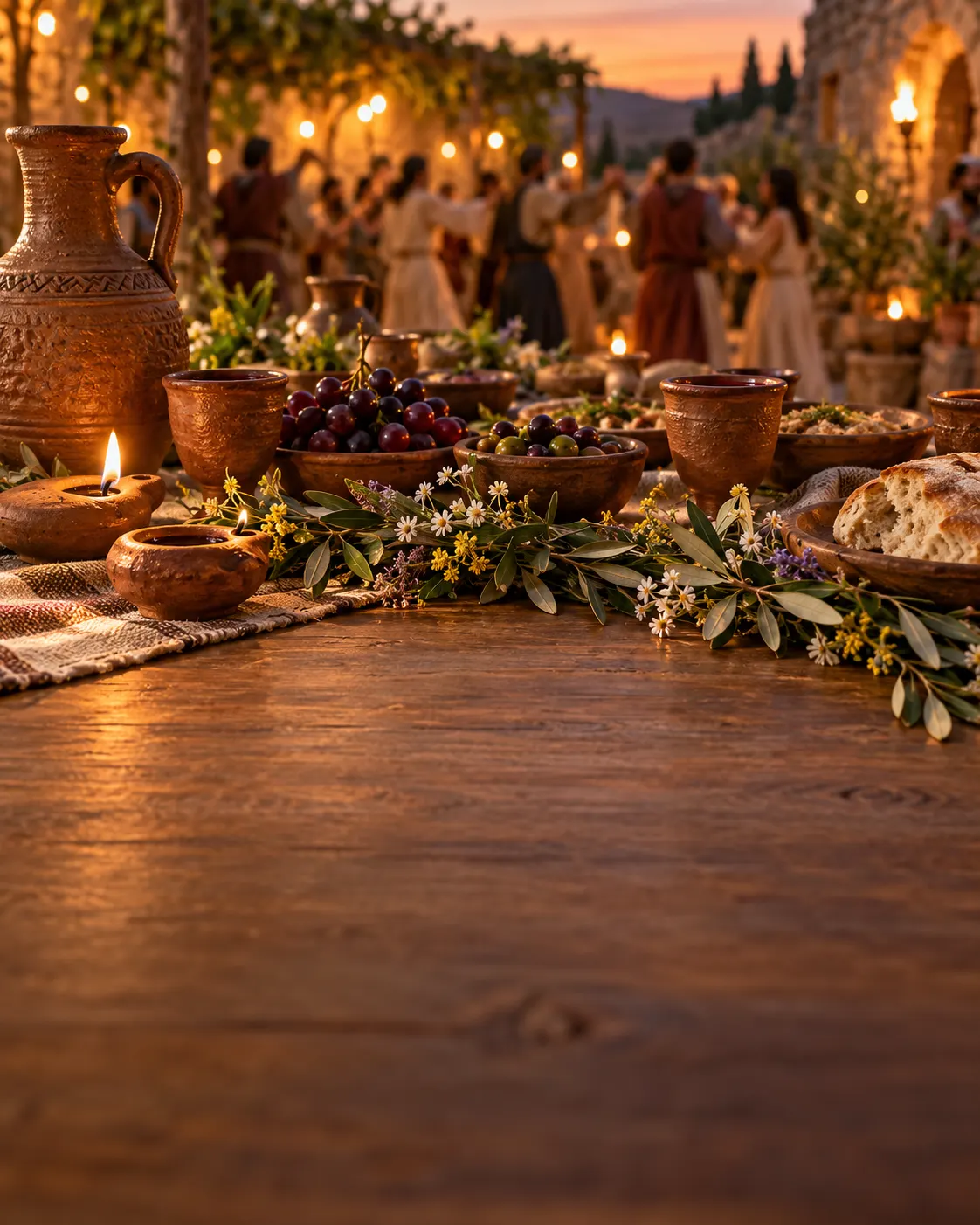 Lamps, flowers and cups on a festive table at a village wedding at dusk.